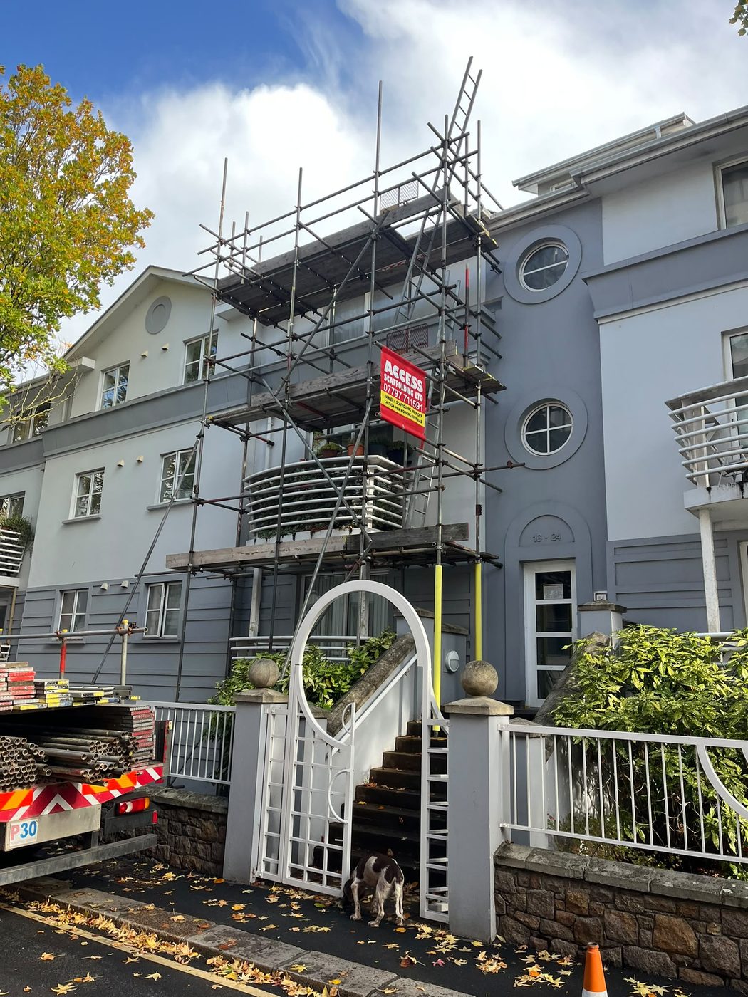 Access Scaffolding tower beside apartment balconies in Jersey
